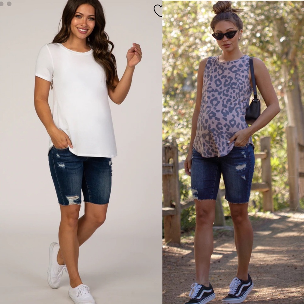 LPinkBlush Blue Distressed Maternity Full Panel Bermuda Raw Hem Shorts